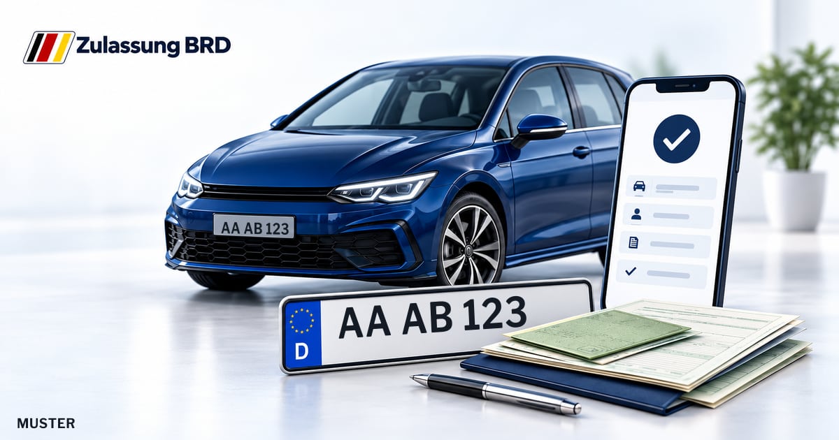 Online Fahrzeugzulassung in Lorch: Musterkennzeichen AA AB 123, Auto und Fahrzeugpapiere und Smartphone. Illustration mit Logo von Zulassung BRD.